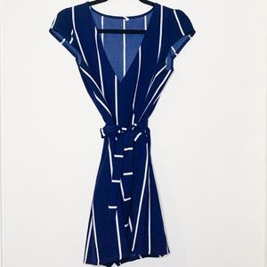 SHEIN Striped Belted Romper Navy and White